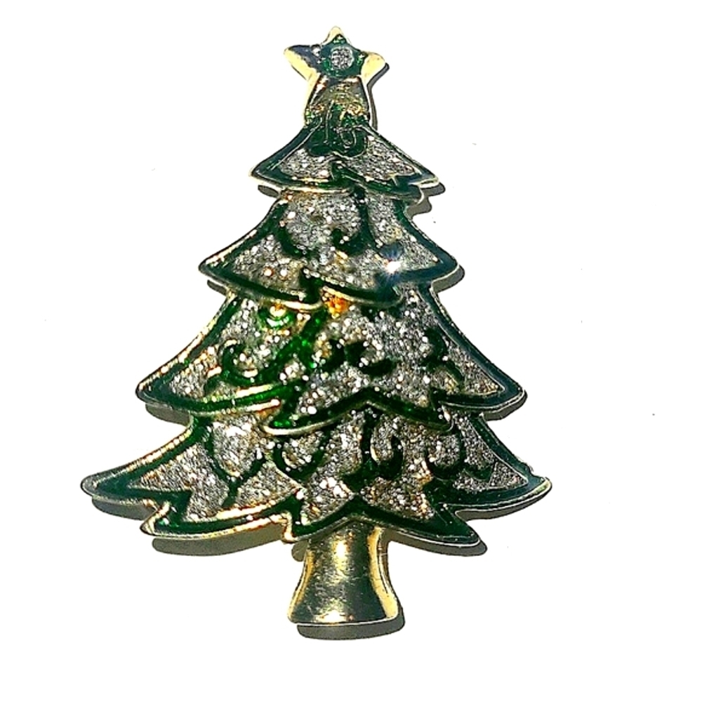 Kim Rogers Christmas Tree Brooch Green Enamel Gold Pave Crystal Holiday Pin NWT